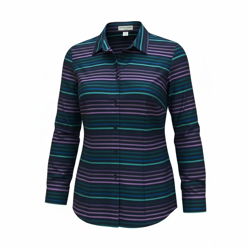 Coldwater Creek Womens XL 16 No Iron Cotton Striped Button Down Shirt Purple